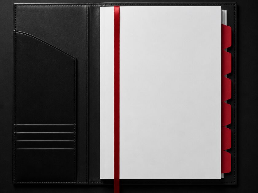 Expediente ordenado en carpeta negra, con separadores rojos y cinta marcadora.